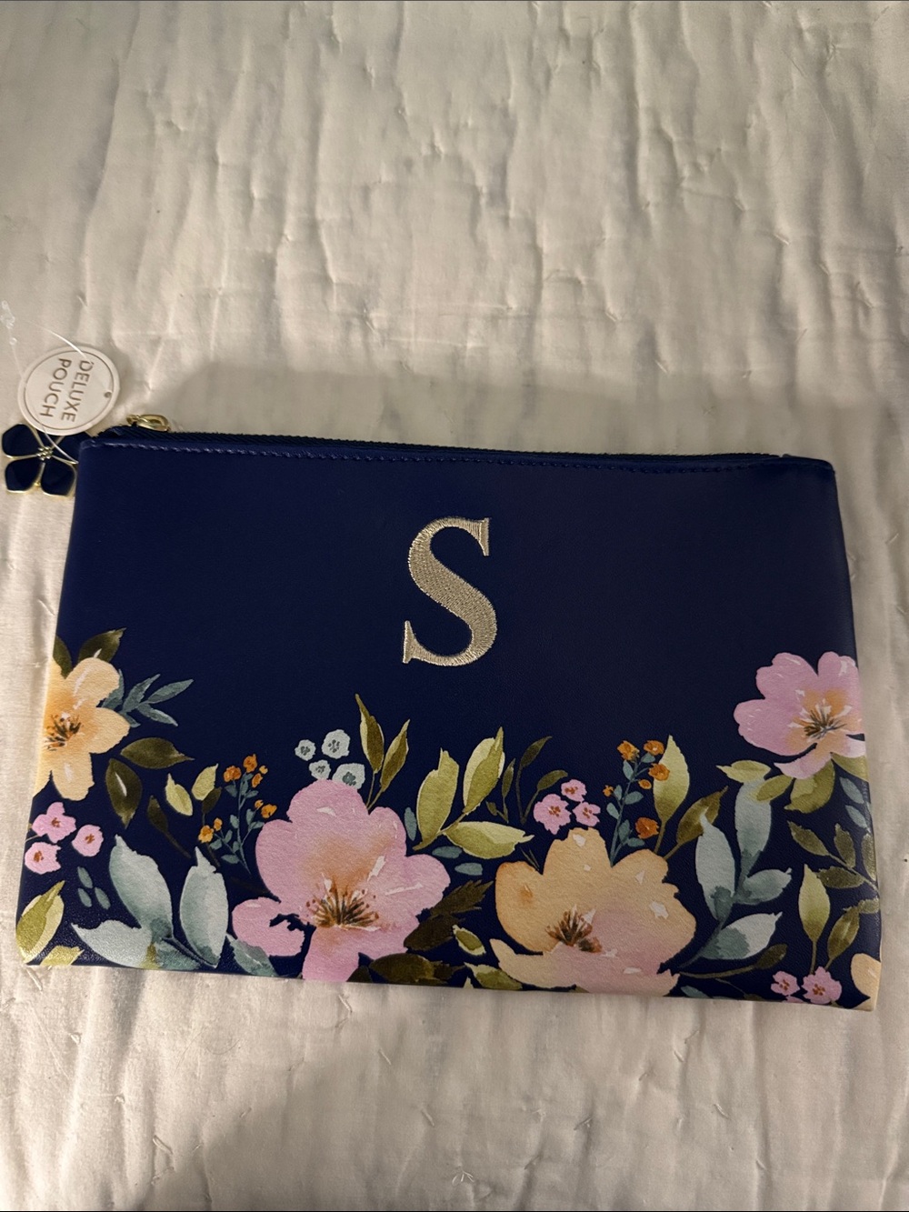 Navy Floral Monogram Cosmetic Pouch with Gold 'S'